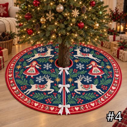 Scandinavian Folk Art Reindeer Quilt Christmas Tree Skirt - Image 4
