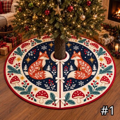 Scandinavian Folk Art Fox Quilt Christmas Tree Skirt – Nordic Woodland Mushroom Berry Pine Winter Holiday