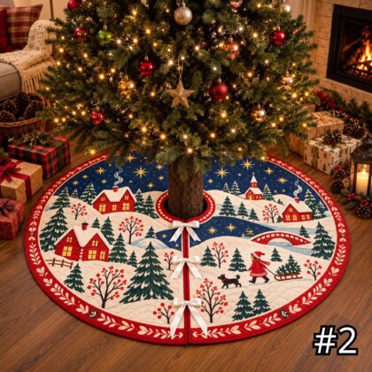 Alternative view of Scandinavian Village Quilt Christmas Tree Skirt – Nordic Folk Art Red Houses Snowy Winter Scene