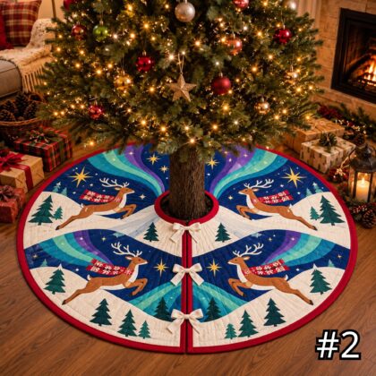 Alternative view of Aurora Reindeer Quilt Christmas Tree Skirt – Scandinavian Folk Art Winter Sky in Teal Cobalt Purple