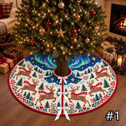 Aurora Reindeer Quilt Christmas Tree Skirt – Scandinavian Folk Art Winter Sky in Teal Cobalt Purple