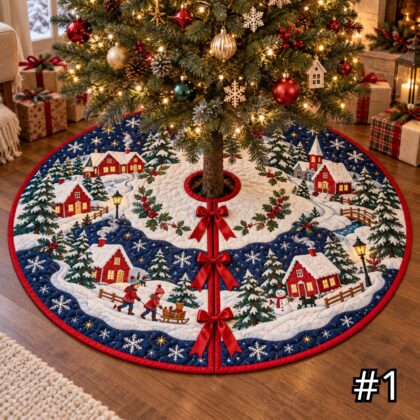 Scandinavian Red Cabin Quilt Christmas Tree Skirt – Nordic Folk Art Snowy Village Lantern Wreath Sleigh