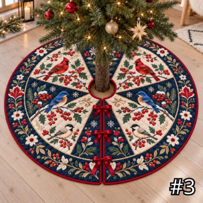 Scandinavian Winter Birds Quilt Christmas Tree Skirt – Cardinal Blue Bird Rowan Branch Nordic Folk Art Snow - Image 3
