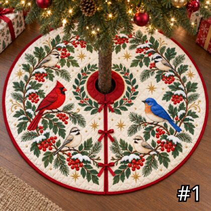 Scandinavian Winter Birds Quilt Christmas Tree Skirt – Cardinal Blue Bird Rowan Branch Nordic Folk Art Snow