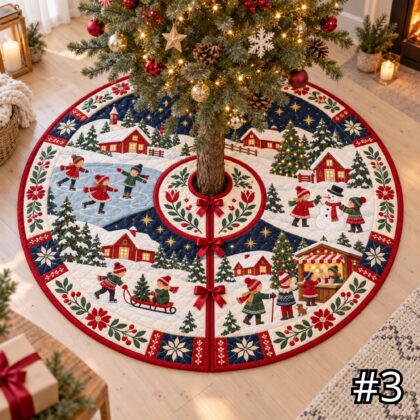 Scandinavian Ice Skating Village Quilt Christmas Tree Skirt - Image 3