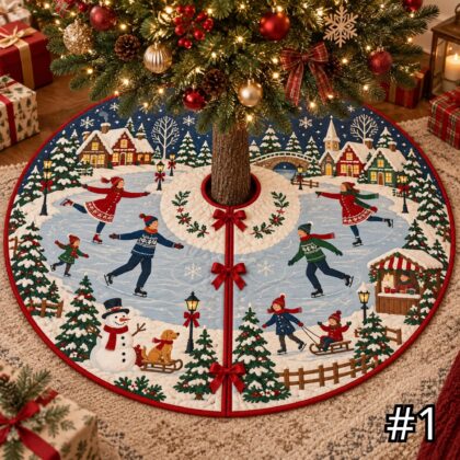 Scandinavian Ice Skating Village Quilt Christmas Tree Skirt