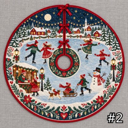 Alternative view of Scandinavian Ice Skating Village Quilt Christmas Tree Skirt