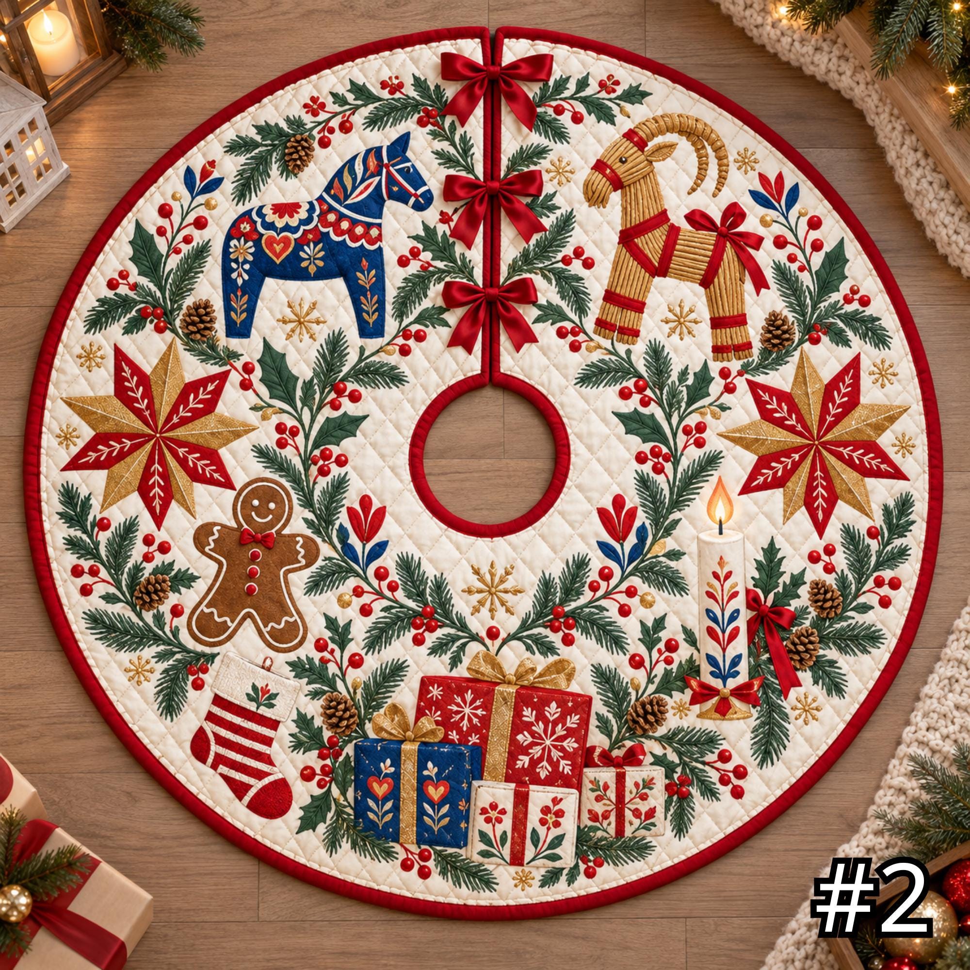 Scandinavian Folk Art Symbols Quilt Christmas Tree Skirt - Image 2