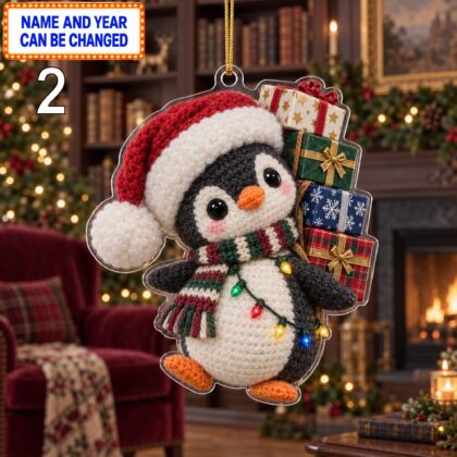 Alternative view of Christmas Penguin 2D Ornament – Crochet Inspired Winter Animal Decor