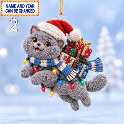 Alternative view of Christmas British Shorthair Cat 2D Ornament – Crochet Inspired Pet Decor