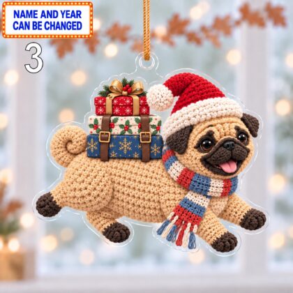 Christmas Pug 2D Ornament – Crochet Inspired Pet Holiday Decor - Image 3