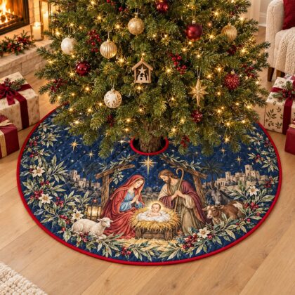 Nativity Christmas Tree Skirt – Quilted Holy Family Manger Scene
