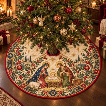 Alternative view of Nativity Christmas Tree Skirt – Quilted Holy Family Manger Scene