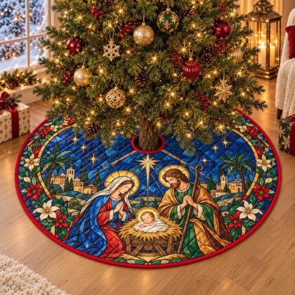 Nativity Christmas Tree Skirt – Quilted Holy Family Manger Scene - Image 4