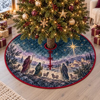Bethlehem Star Christmas Tree Skirt – Quilted Shepherd Nativity Scene - Image 4