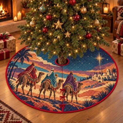 Three Wise Men Christmas Tree Skirt – Quilted Nativity Scene with Camels - Image 3