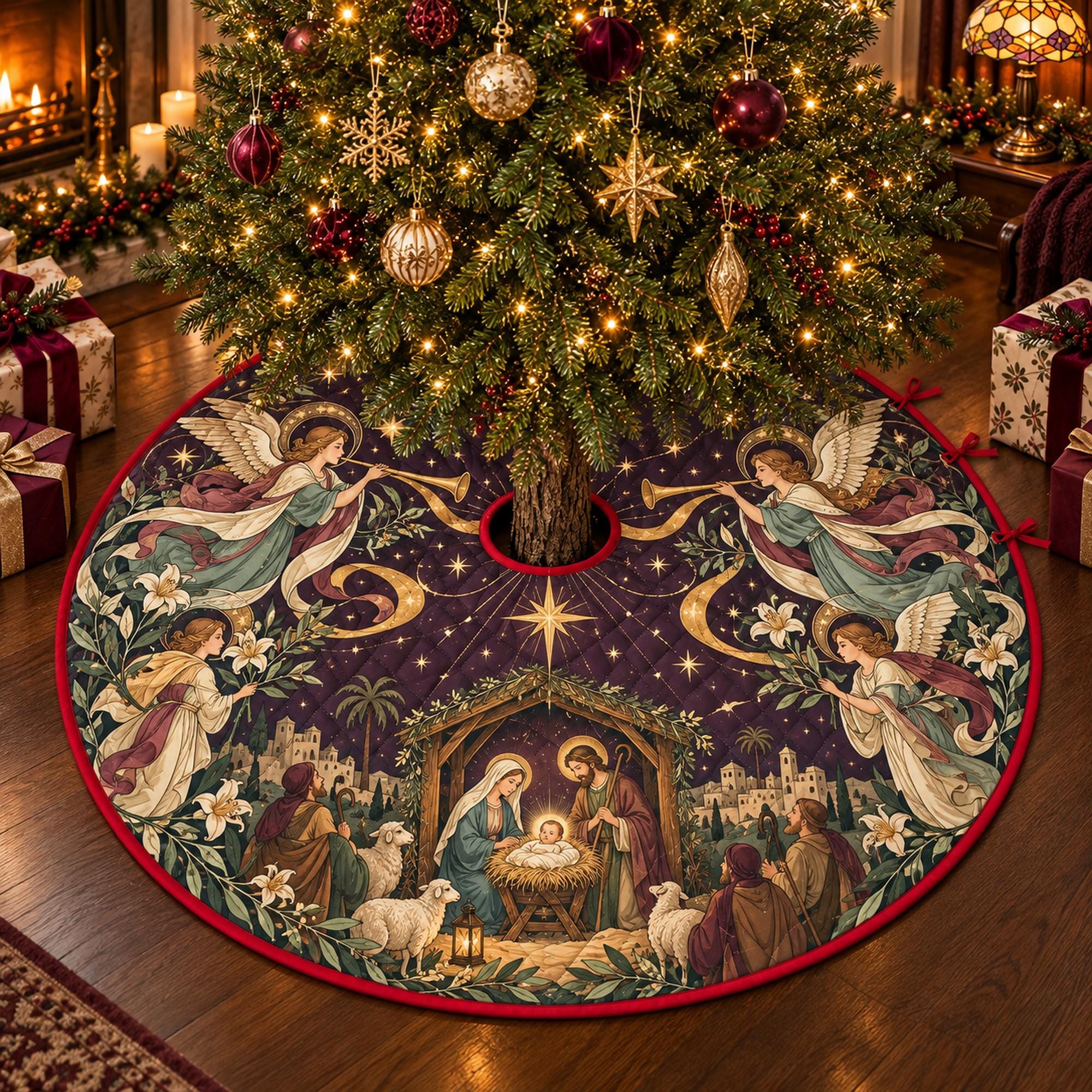 Angel Christmas Tree Skirt – Quilted Nativity Shepherd Scene - Image 2