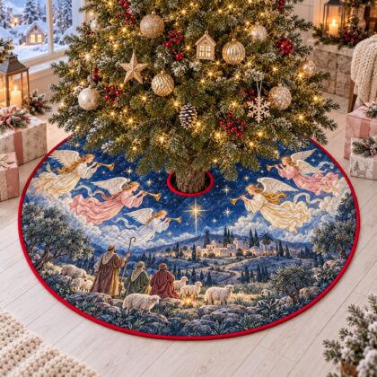 Angel Christmas Tree Skirt – Quilted Nativity Shepherd Scene - Image 4