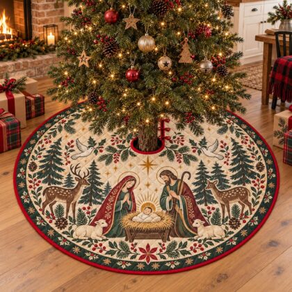 Woodland Nativity Christmas Tree Skirt – Quilted Holy Family Scene - Image 3