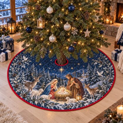 Woodland Nativity Christmas Tree Skirt – Quilted Holy Family Scene - Image 4