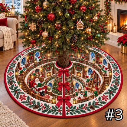 Santa's Spiral Storybook Library Quilt Christmas Tree Skirt - Image 3