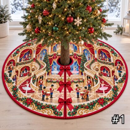 Nutcracker Grand Theater Quilt Christmas Tree Skirt – Ballet Stage and Velvet Curtain Scene