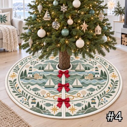 Nordic Fjord Festival Quilt Christmas Tree Skirt – Sailboats Lighthouse Fishing Village and Waves - Image 4