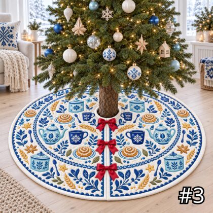 Scandinavian Fika Bakery Quilt Christmas Tree Skirt – Cinnamon Bun Waffle Cocoa and Gingerbread Folk Art - Image 3
