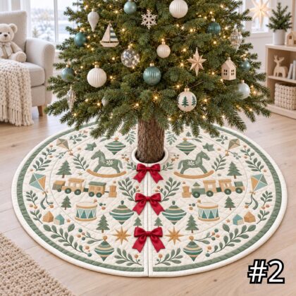 Alternative view of Vintage Nordic Toy Parade Quilt Christmas Tree Skirt – Wooden Train Rocking Horse Drum and Spinning Top