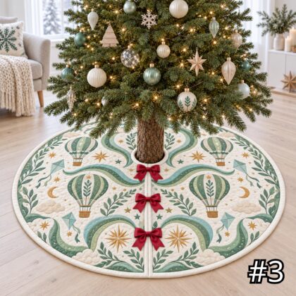 Aurora Balloon Carnival Quilt Christmas Tree Skirt – Hot Air Balloons Kites Stars and Emerald Aqua Gold - Image 3