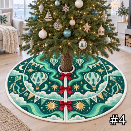 Aurora Balloon Carnival Quilt Christmas Tree Skirt – Hot Air Balloons Kites Stars and Emerald Aqua Gold - Image 4