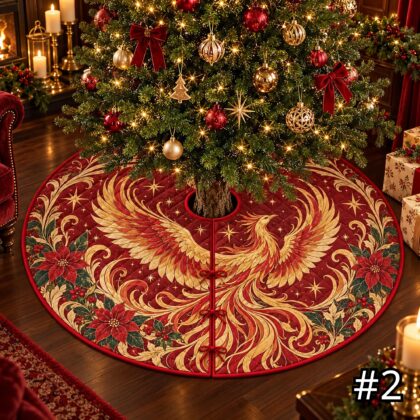 Alternative view of Fire Phoenix Quilt Christmas Tree Skirt – Red Gold Mythical Bird with Flame Wings