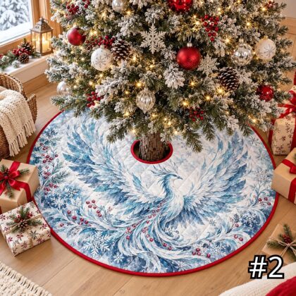 Alternative view of Frost Phoenix Quilt Christmas Tree Skirt – Icy Blue White Mythical Bird with Snowflake Details