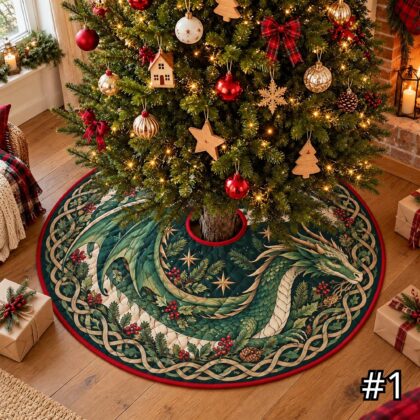 Emerald Dragon Quilt Christmas Tree Skirt – Green Gold Mythical Serpent with Botanical Details