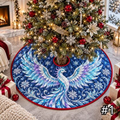 Frost Phoenix Quilt Christmas Tree Skirt – Icy Blue White Mythical Bird with Snowflake Details