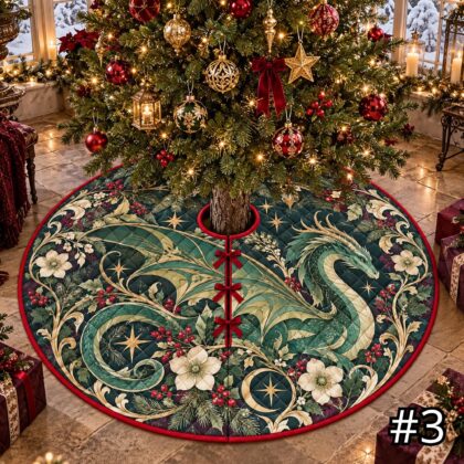 Emerald Dragon Quilt Christmas Tree Skirt – Green Gold Mythical Serpent with Botanical Details - Image 3