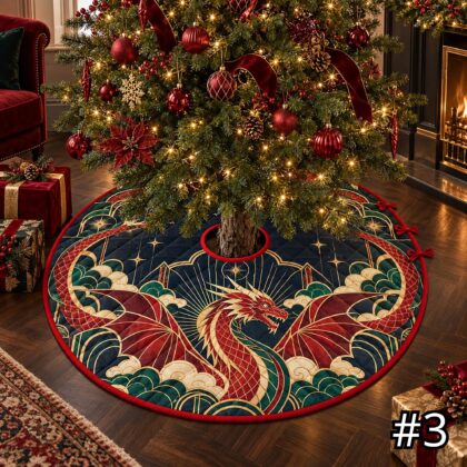 Crimson Celestial Dragon Quilt Christmas Tree Skirt – Red Blue Mythical Serpent with Clouds and Stars - Image 3