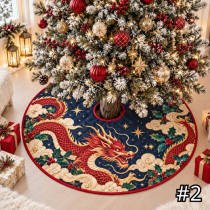 Alternative view of Crimson Celestial Dragon Quilt Christmas Tree Skirt – Red Blue Mythical Serpent with Clouds and Stars