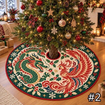 Alternative view of Dragon and Phoenix Quilt Christmas Tree Skirt – Red Blue Mythical Creatures with Clouds and Stars