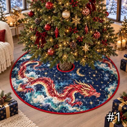 Crimson Celestial Dragon Quilt Christmas Tree Skirt – Red Blue Mythical Serpent with Clouds and Stars