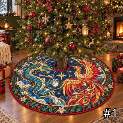Dragon and Phoenix Quilt Christmas Tree Skirt – Red Blue Mythical Creatures with Clouds and Stars