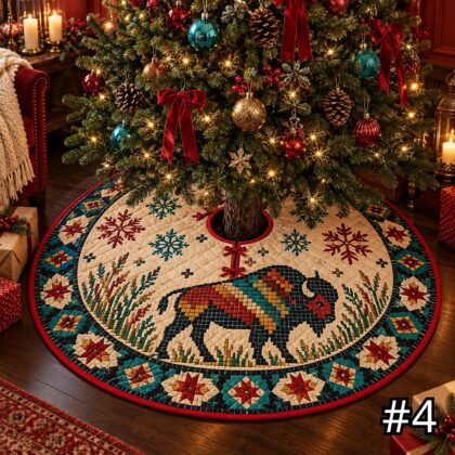 Great Lakes Woodland Floral Quilt Christmas Tree Skirt – Native-Inspired Deer Loon and Wildflower Winter - Image 4