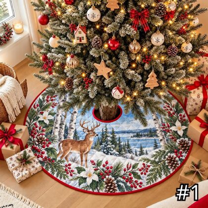 Northwest Coastal Wildlife Quilt Christmas Tree Skirt – Native-Inspired Orca Bear Eagle Ocean Scene