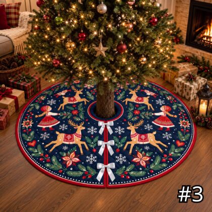 Scandinavian Folk Art Reindeer Quilt Christmas Tree Skirt - Image 3