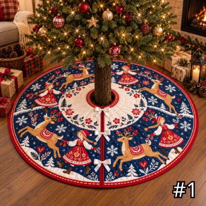 Scandinavian Folk Art Reindeer Quilt Christmas Tree Skirt