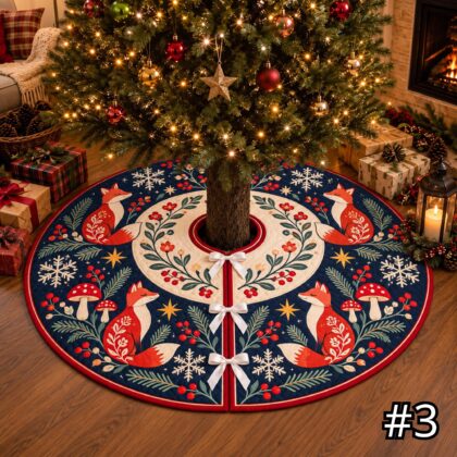 Scandinavian Folk Art Fox Quilt Christmas Tree Skirt – Nordic Woodland Mushroom Berry Pine Winter Holiday - Image 3