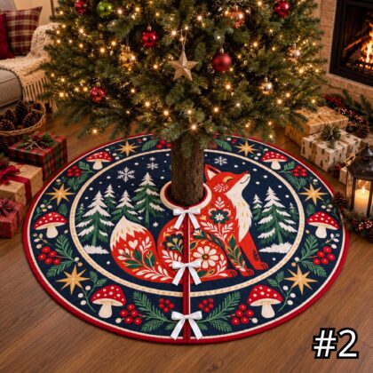 Alternative view of Scandinavian Folk Art Fox Quilt Christmas Tree Skirt – Nordic Woodland Mushroom Berry Pine Winter Holiday