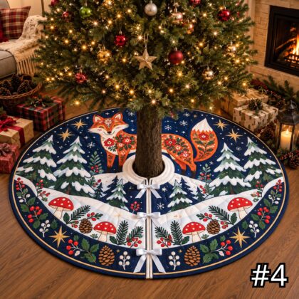 Scandinavian Folk Art Fox Quilt Christmas Tree Skirt – Nordic Woodland Mushroom Berry Pine Winter Holiday - Image 4