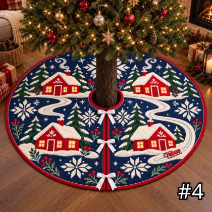 Scandinavian Village Quilt Christmas Tree Skirt – Nordic Folk Art Red Houses Snowy Winter Scene - Image 4