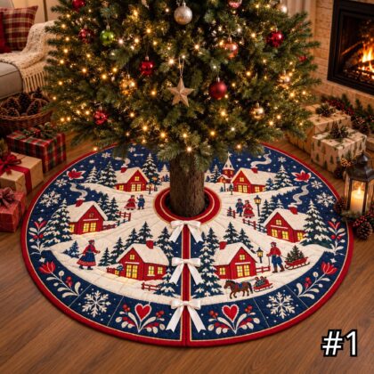 Scandinavian Village Quilt Christmas Tree Skirt – Nordic Folk Art Red Houses Snowy Winter Scene